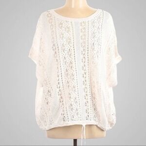 Joe Fresh White Crochet Knit Cotton Top Short Sleeve Drawstring Hem Large